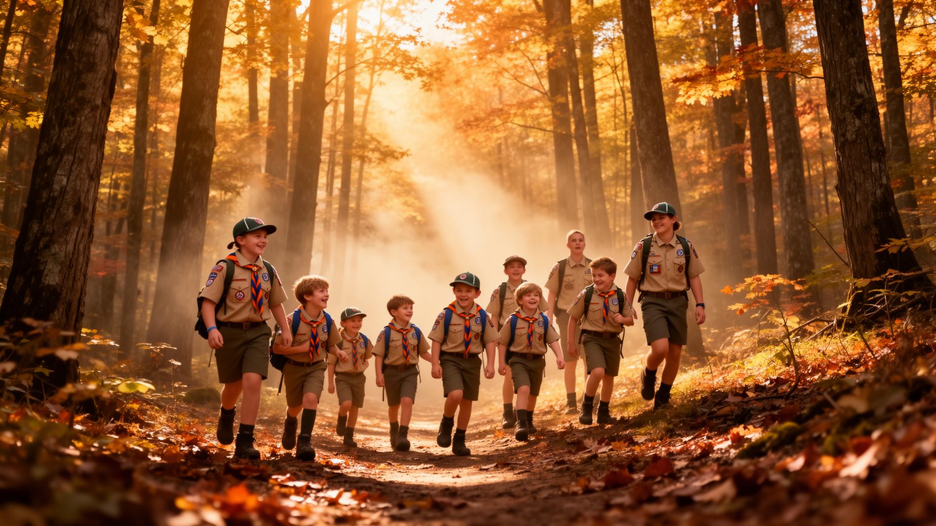 Scouts hiking through an Ohio forest at golden hour