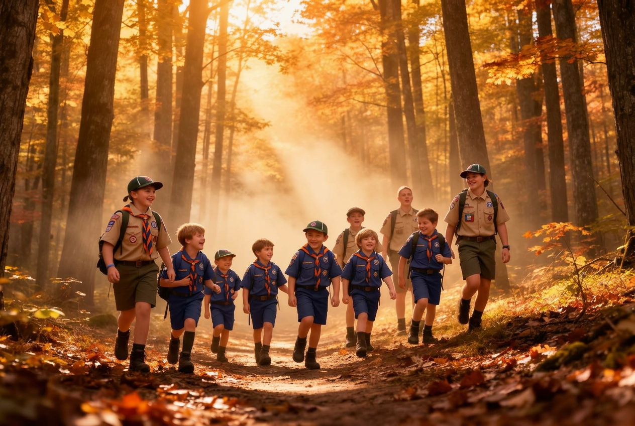 Scouts hiking through an Ohio forest at golden hour